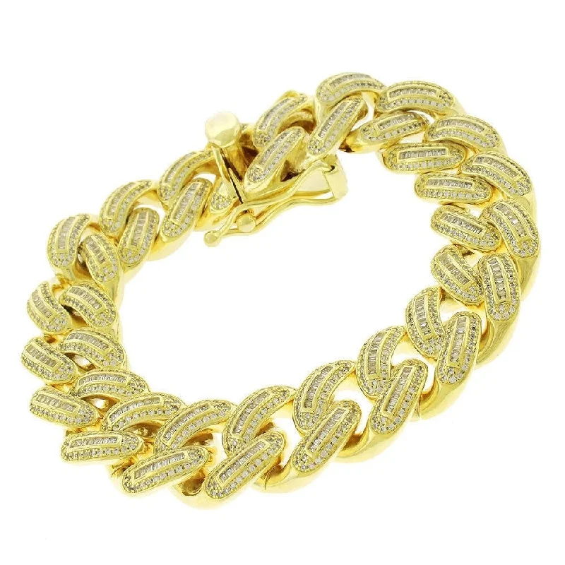 Sterling Silver 18mm Iced Out CZ Baguette Miami Cuban Solid 925 Yellow Gold Bling Bracelet Chain 9"