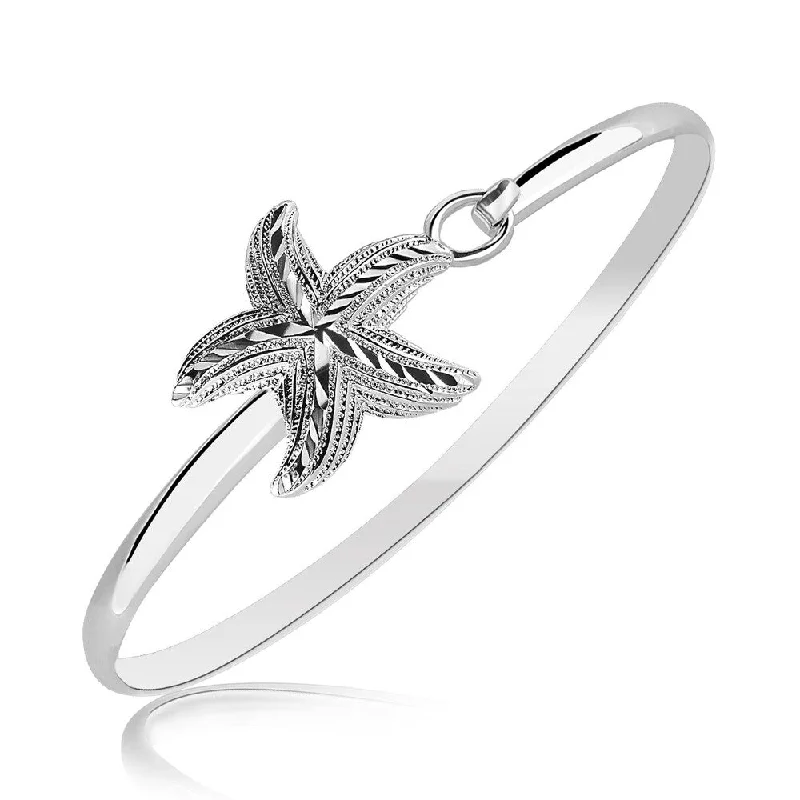 Sterling Silver Starfish Motif Slim Bangle with Rhodium Plating