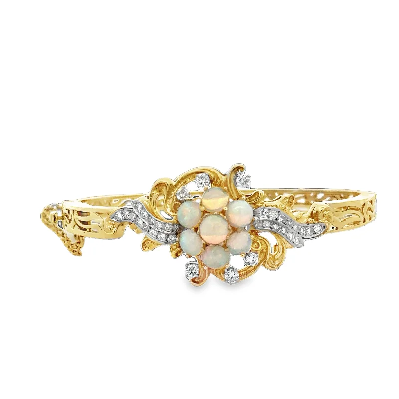 Vintage Opal and Diamond Bangle Bracelet in 18k Yellow Gold