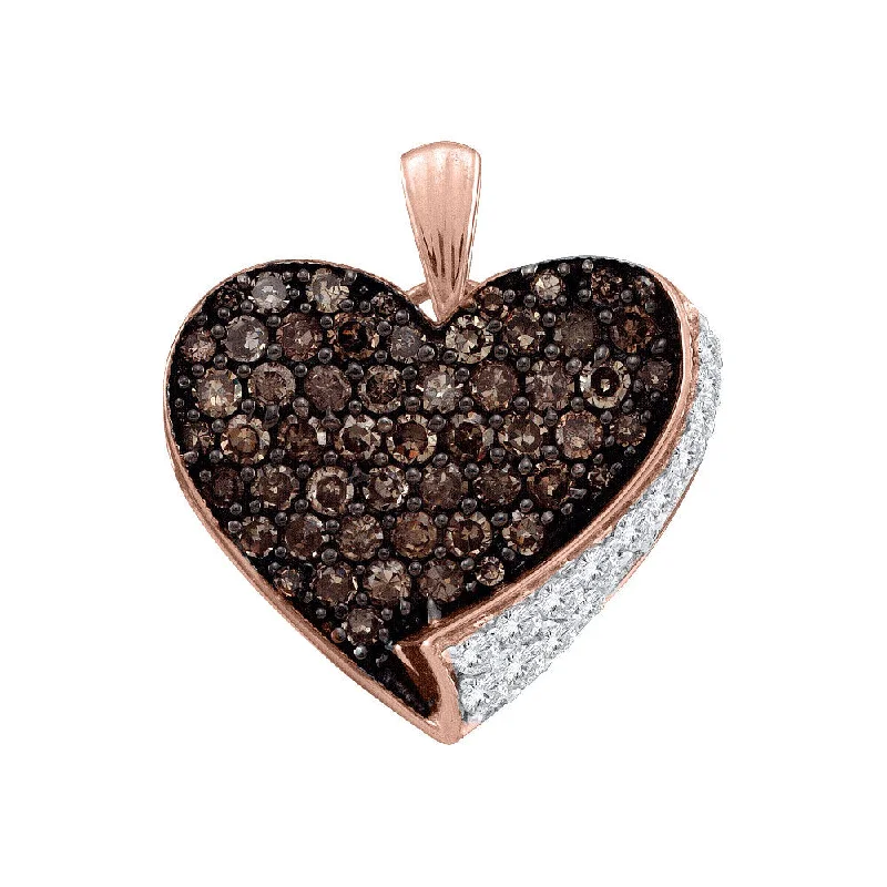 10kt Rose Gold Womens Round Brown Diamond Heart Pendant 7/8 Cttw