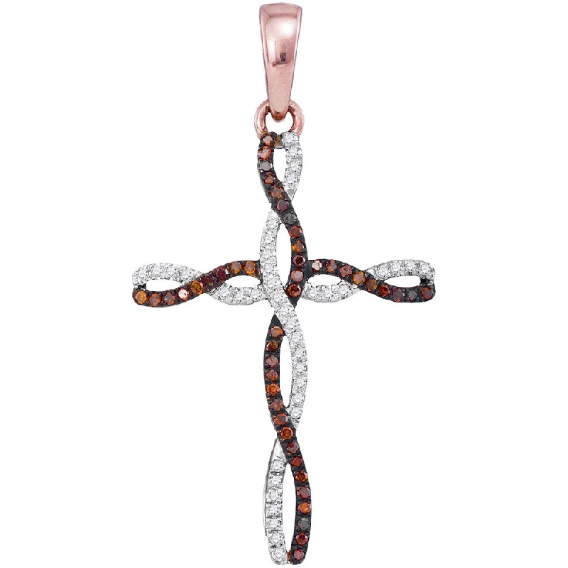 10kt Rose Gold Womens Round Red Color Enhanced Diamond Cross Pendant 1/4 Cttw