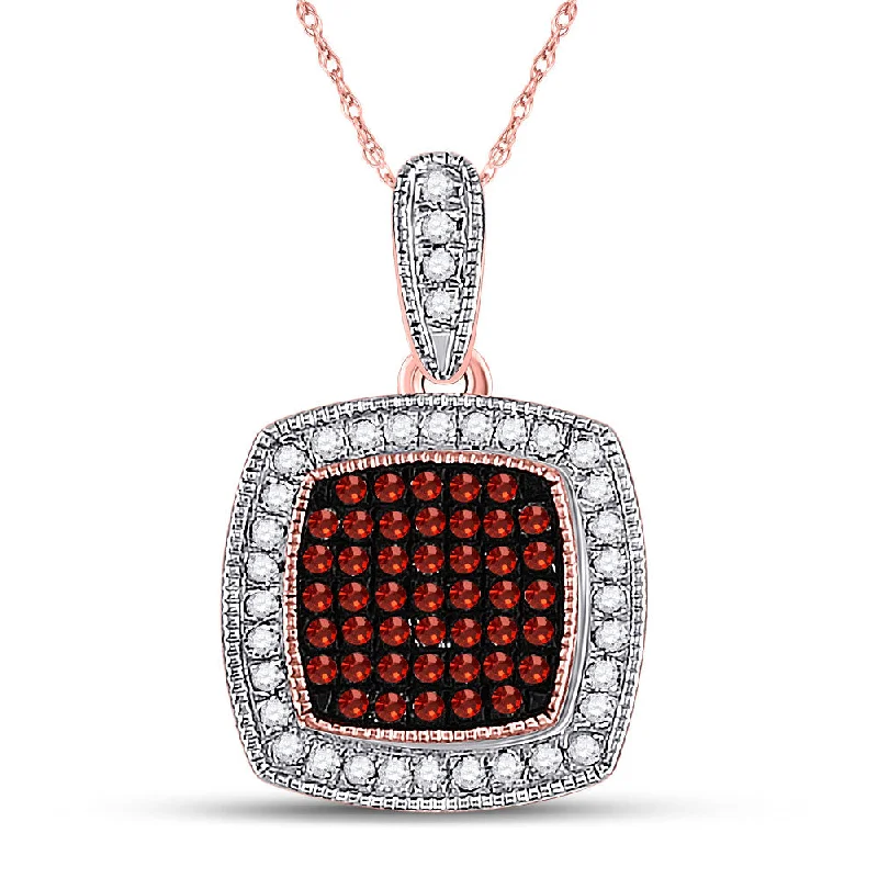 10kt Rose Gold Womens Round Red Color Enhanced Diamond Square Cluster Pendant 1/5 Cttw