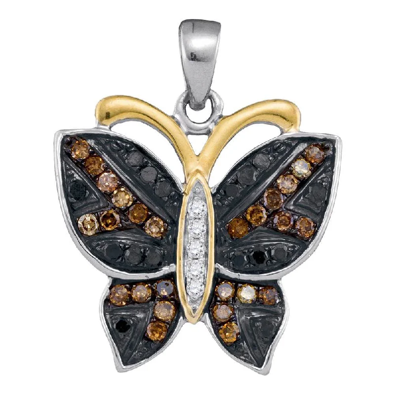 10kt White Gold Womens Round Black Color Enhanced Diamond Butterfly Bug Pendant 1/3 Cttw