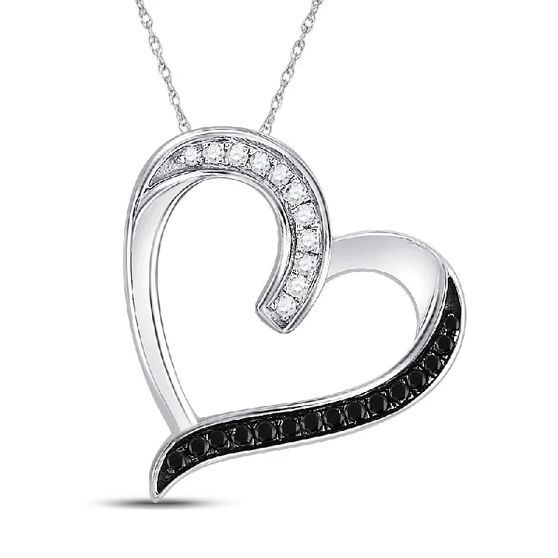 10kt White Gold Womens Round Black Color Enhanced Diamond Heart Pendant 1/5 Cttw