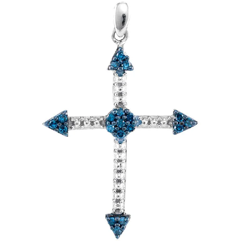 10kt White Gold Womens Round Blue Color Enhanced Diamond Cross Religious Pendant 1/6 Cttw