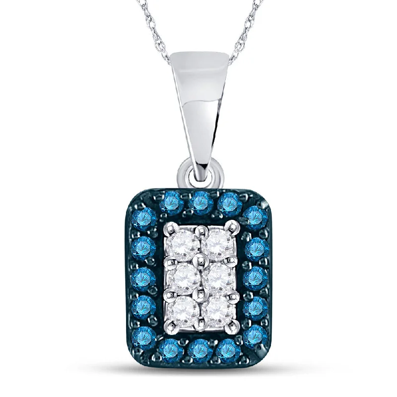 10kt White Gold Womens Round Blue Color Enhanced Diamond Rectangle Cluster Pendant 1/5 Cttw