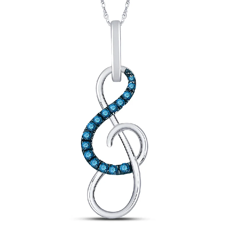 10kt White Gold Womens Round Blue Color Enhanced Diamond Treble Clef Music Pendant 1/10 Cttw