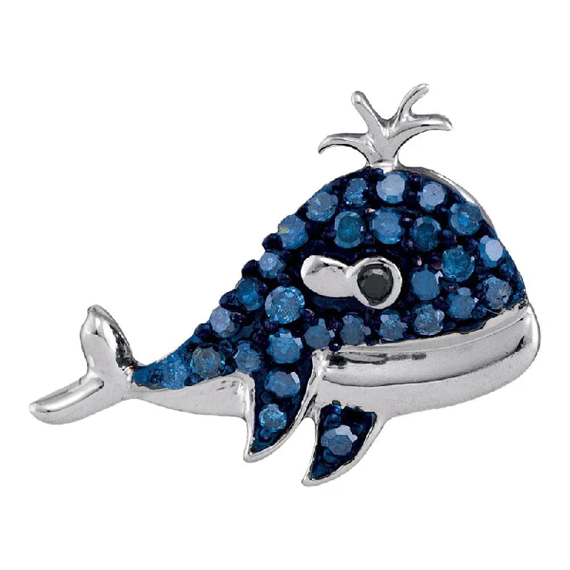 10kt White Gold Womens Round Blue Color Enhanced Diamond Whale Animal Pendant 1/5 Cttw