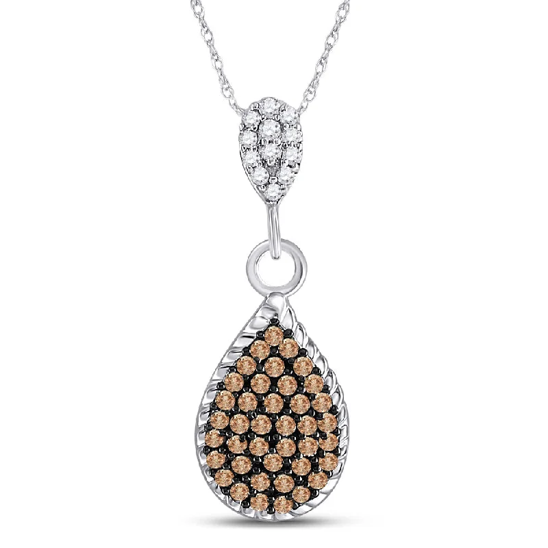 10kt White Gold Womens Round Brown Diamond Teardrop Cluster Pendant 1/4 Cttw