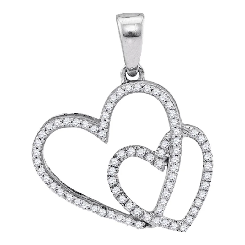 10kt White Gold Womens Round Diamond Double Heart Pendant 1/5 Cttw