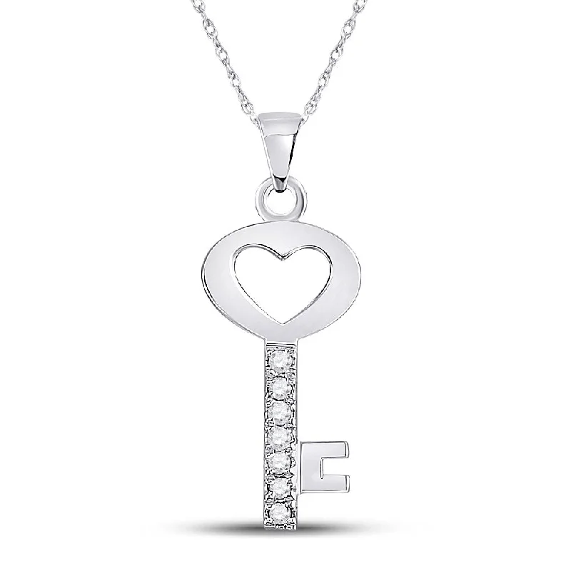 10kt White Gold Womens Round Diamond Key Heart Pendant 1/20 Cttw