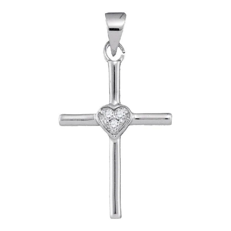 10kt White Gold Womens Round Diamond Small Cross Heart Pendant .03 Cttw