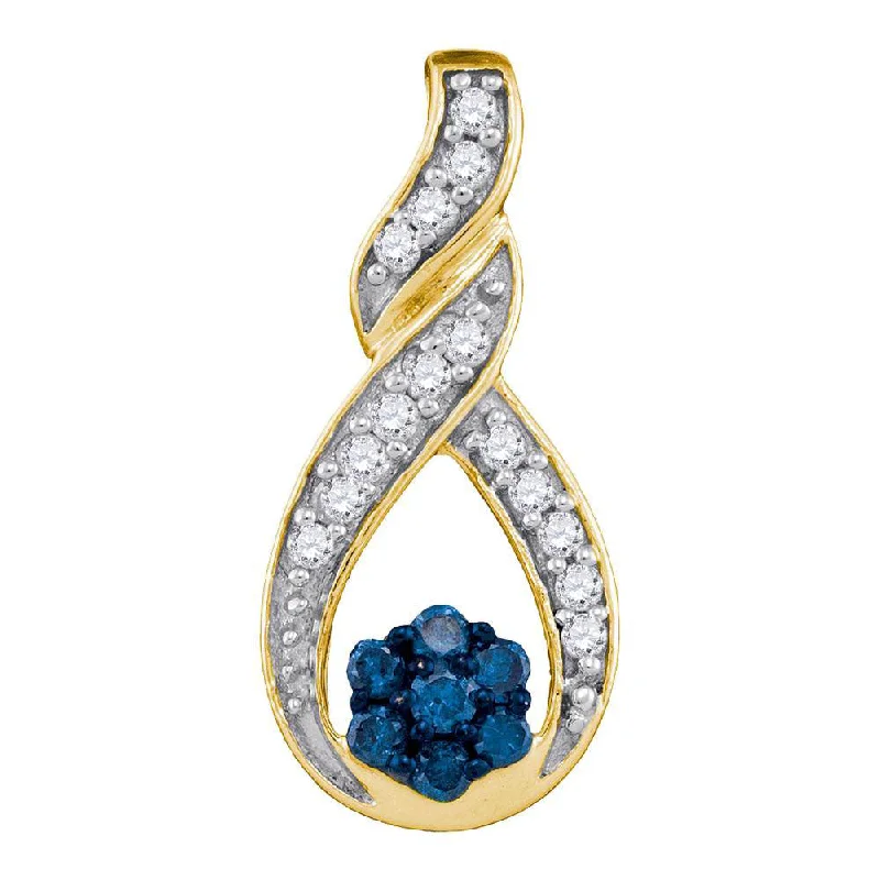 10kt Yellow Gold Womens Round Blue Color Enhanced Diamond Cradled Cluster Pendant 1/4 Cttw