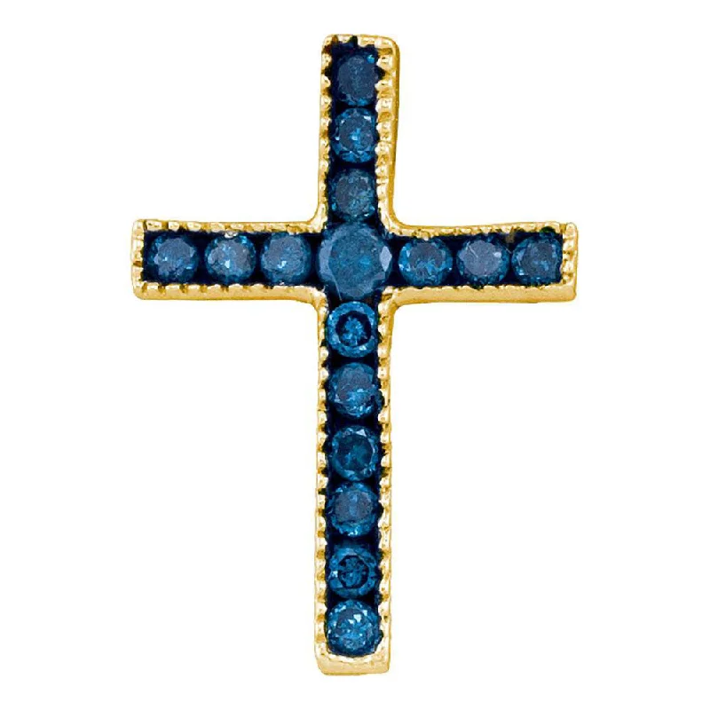 10kt Yellow Gold Womens Round Blue Color Enhanced Diamond Small Cross Pendant 1/6 Cttw