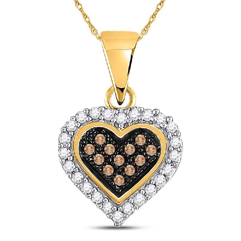 10kt Yellow Gold Womens Round Brown Diamond Heart Cluster Pendant 1/8 Cttw