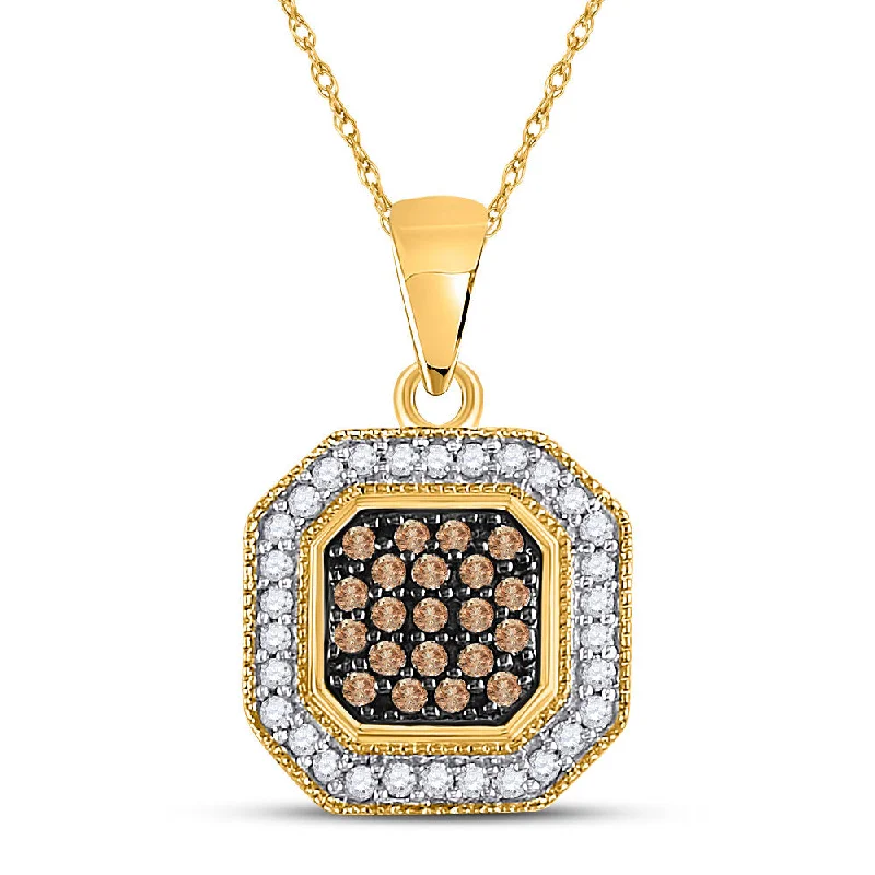 10kt Yellow Gold Womens Round Brown Diamond Octagon Cluster Pendant 1/3 Cttw