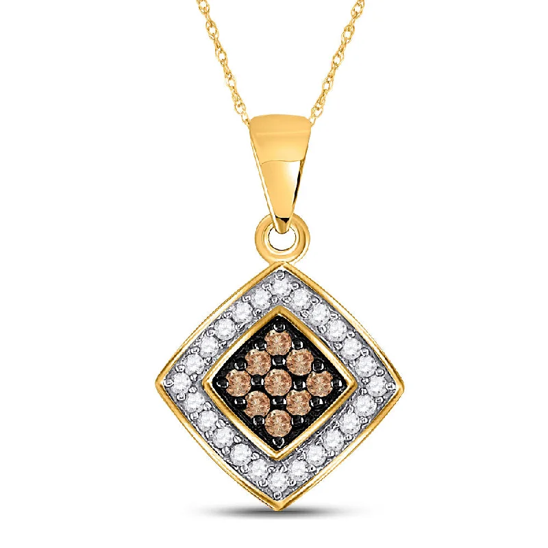 10kt Yellow Gold Womens Round Brown Diamond Square Pendant 1/4 Cttw