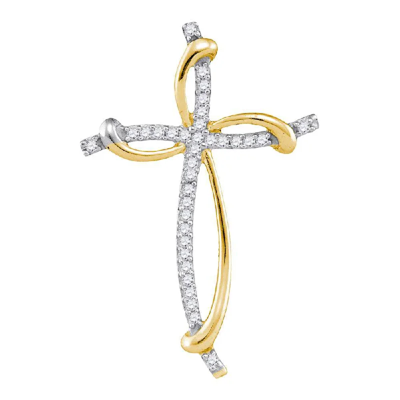 10kt Yellow Gold Womens Round Diamond Curved Cross Pendant 1/10 Cttw