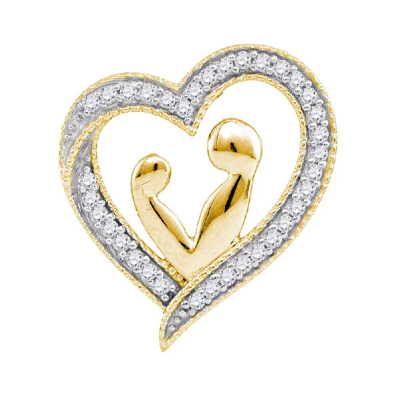 10kt Yellow Gold Womens Round Diamond Heart Mother Child Embrace Pendant 1/10 Cttw