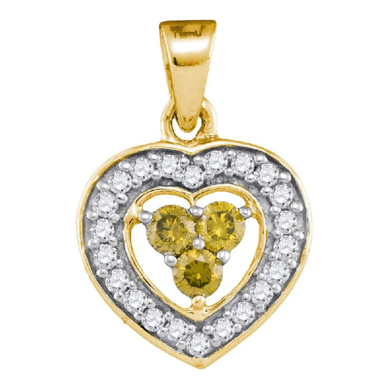 10kt Yellow Gold Womens Round Yellow Color Enhanced Diamond Heart Frame Pendant 1/3 Cttw