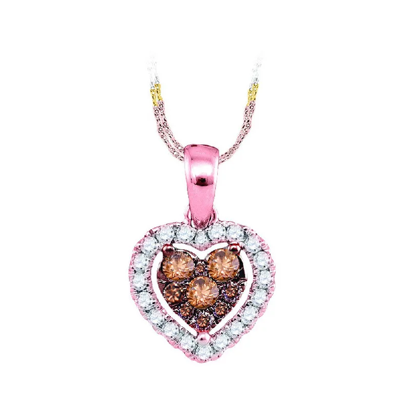 14kt Rose Gold Womens Round Brown Diamond Frame Heart Cluster Pendant 1/3 Cttw