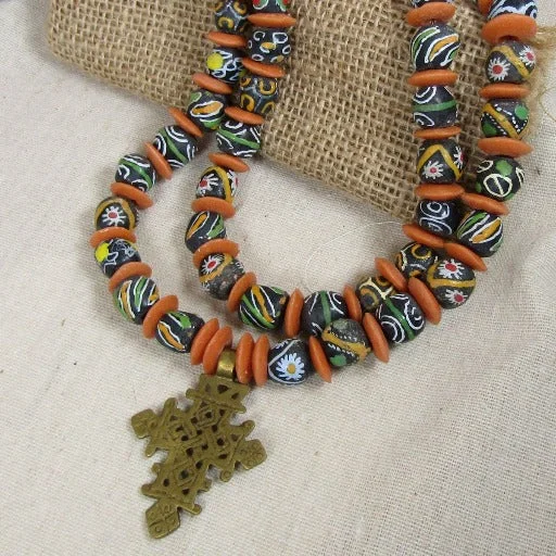 African Trade Bead Pendant Necklace Double Strand Beaded