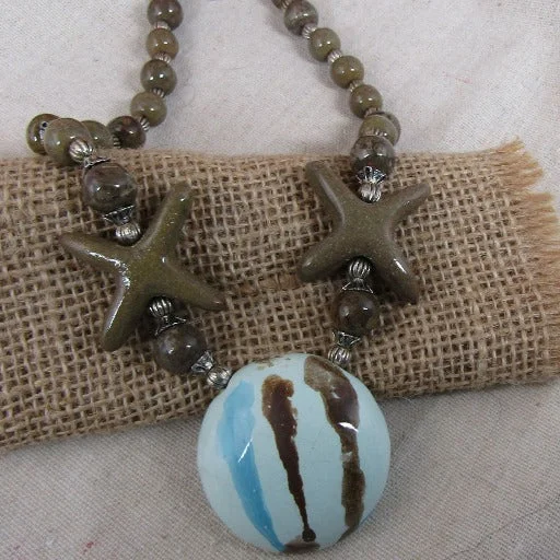 Aqua & Brown Handmade Fair Trade Kazuri Pendant Necklace