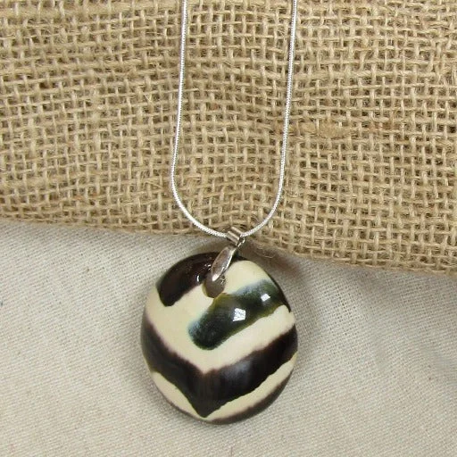 Fair Trade Black & Cream Handmade Kazuri Bead Pendant Necklace