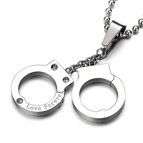 Love Double Handcuffs Pendant Necklace Stainless Steel with Cubic Zirconia