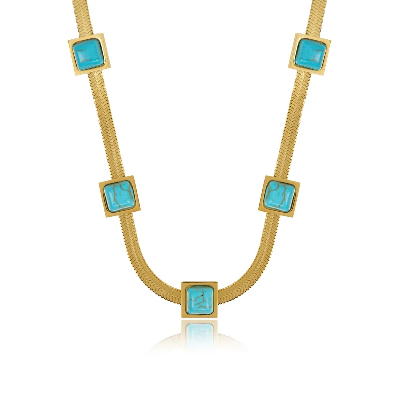 Aqua Stone Snake Chain Necklace - Gold