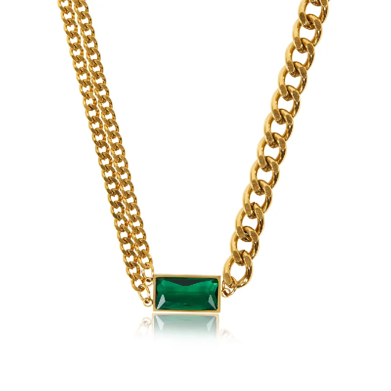 Double Chain Cuban Emerald Necklace - Gold