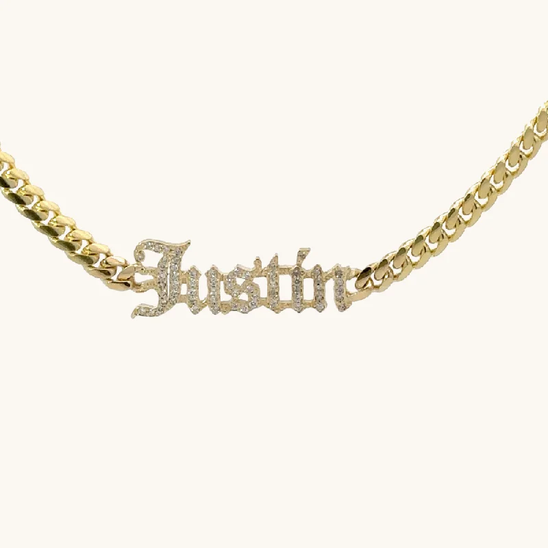 Diamond Old English Cuban Chain Name Necklace