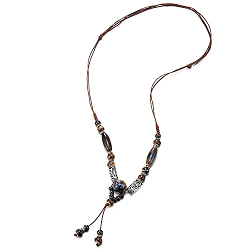 Ethnic Long Necklace Oxidized Blue Champagne Ceramic Beads Tribal Tube Bead Charm String Drop Dangle