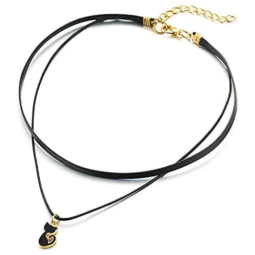 Ladies Black Choker Necklace with Dangling Black Enamel Kitty Cat Charm Pendant