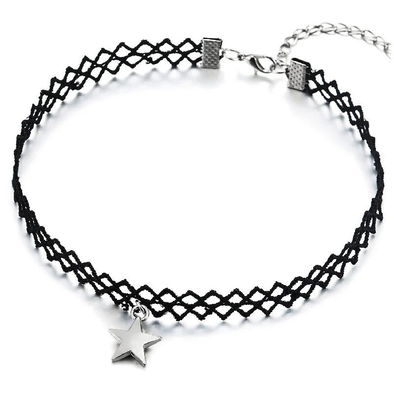 Ladies Black Choker Tattoo Necklace with Polished Star Charm Pendant