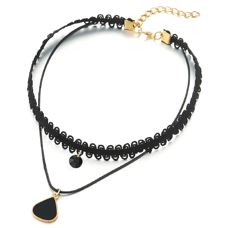 Ladies Black Lace Choker Necklace with Black Enamel Teardrop Charm and Black Gem Stone Pendant