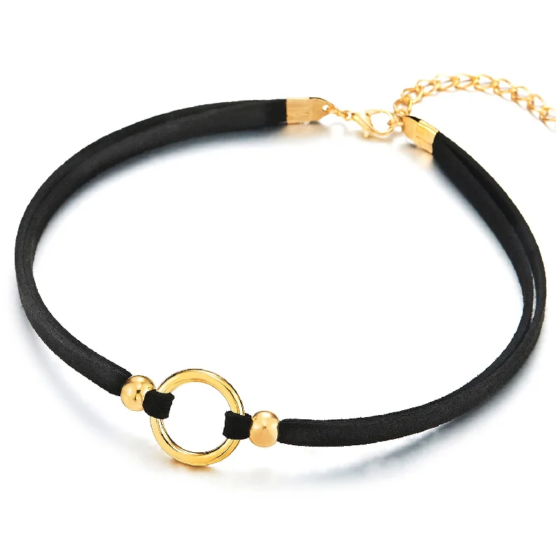 Ladies Womens Black Choker Necklace with Gold Color Open Circle Charm and Beads Pendant