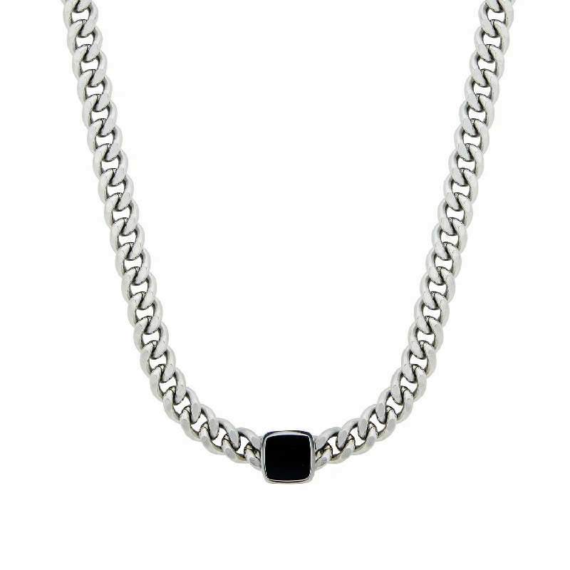 Onyx Square Pendant Cuban Chain - Silver