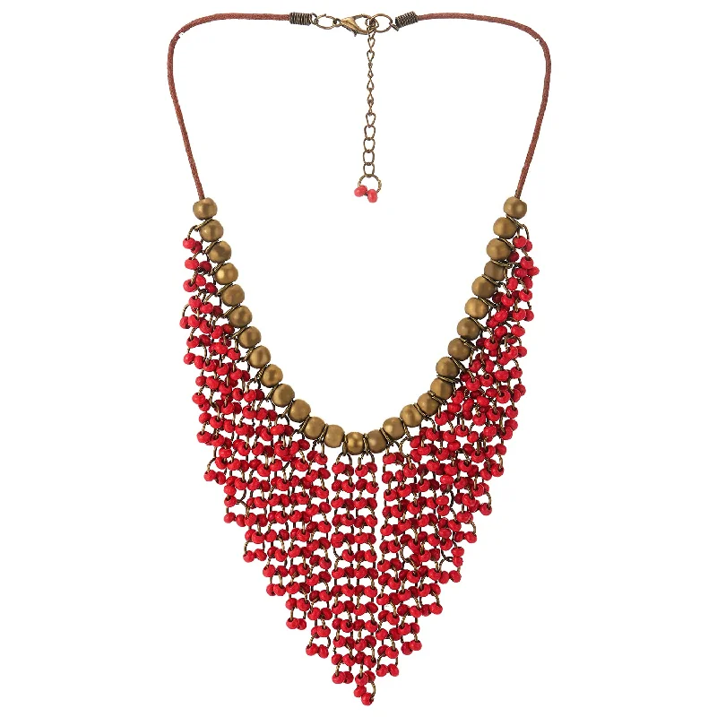 Red Wood Beads Tassel Statement Necklace Bib Collar Multilayer Pendant with Aged Brass Beads, Dress