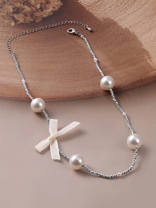 Rhodium-Plated Chain Necklace with Faux Pearls and Fabric Ribbon Bow Accent