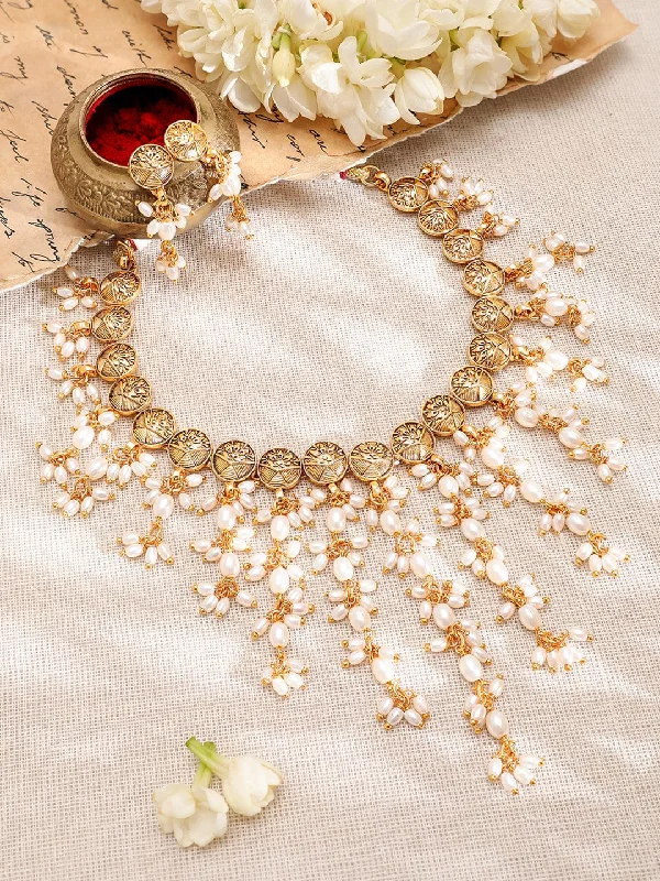 Rubans 22K Gold-Plated Coin Motif Necklace with White Beaded Pearl Dangling