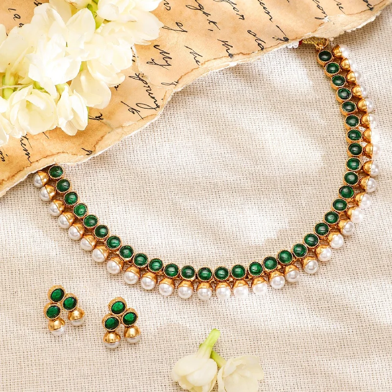 Rubans 22K Gold-Plated Emerald Green & Pearl Beaded Traditional Jewellery Set