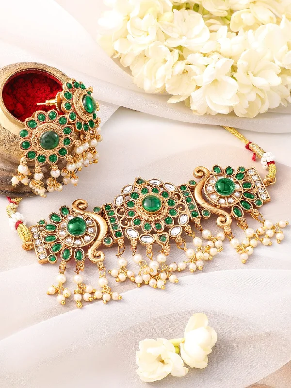 Rubans 22K Gold-Plated Emerald Green Kundan Studded Choker Jewellery Set with Pearl Accents