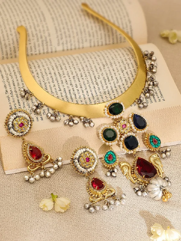 Rubans 22K Gold-Plated Ruby,Emerald & Blue Stone Studded Choker Set with Gold-Silver Beads