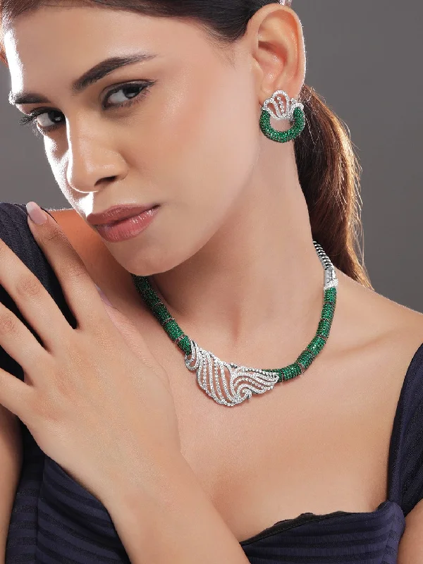 Rubans Silver-Plated Emerald Green & AAA Cubic Zirconia Statement Necklace Set with Artistic Wave Design