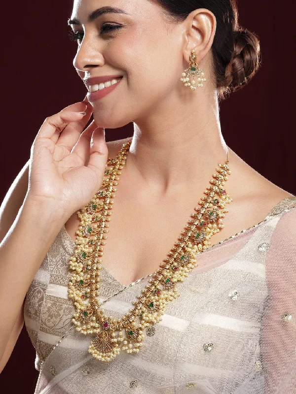 Rubans 22K Gold-Plated Green & Pink Stone Cubic Zirconia Studded Temple Jewellery Set with Pearls