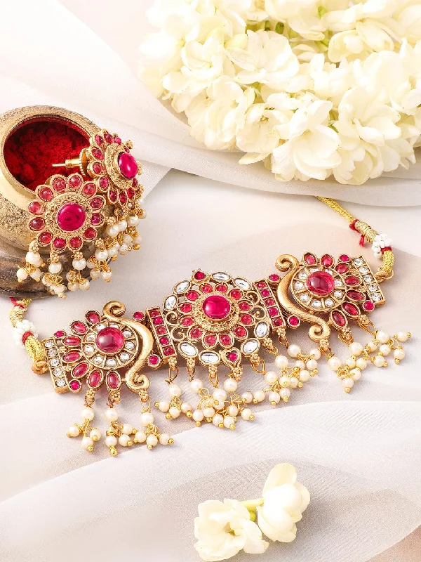 Rubans 22KT Gold-Plated Kundan Stone Studded & Pearls Beaded Choker Jewellery Set