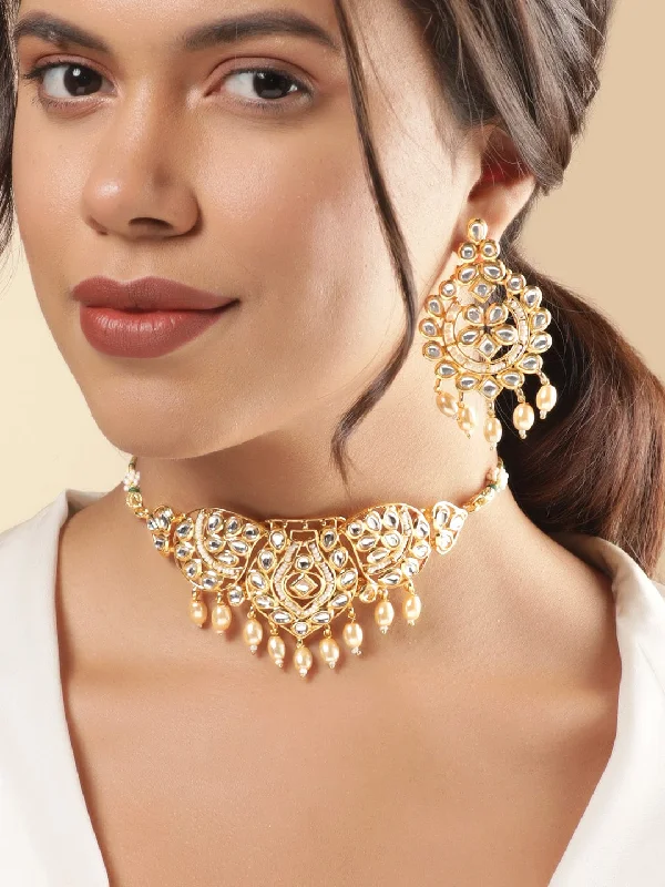 Rubans Kundan Choker Necklace Set with White Beads