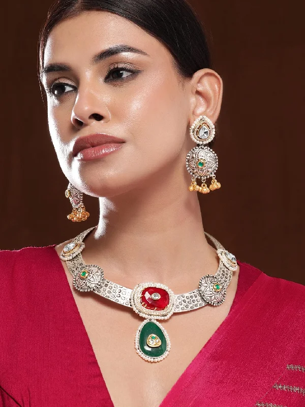 Rubans Oxidised Silver-Plated Choker Necklace Set with Ruby Red, Emerald Green, Pearl & Gold Beads