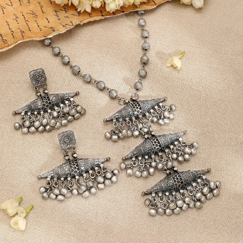 Rubans Oxidized Silver-Plated Tribal Long Necklace Set with Silver Beads & Layered Detailing